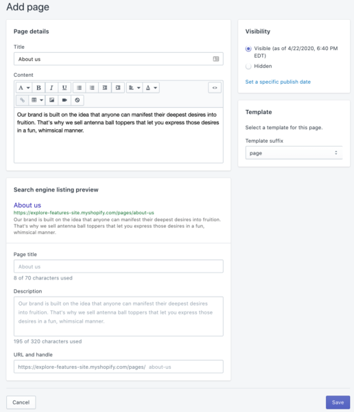 Shopify vs. Ecwid: Shopify SEO settings page