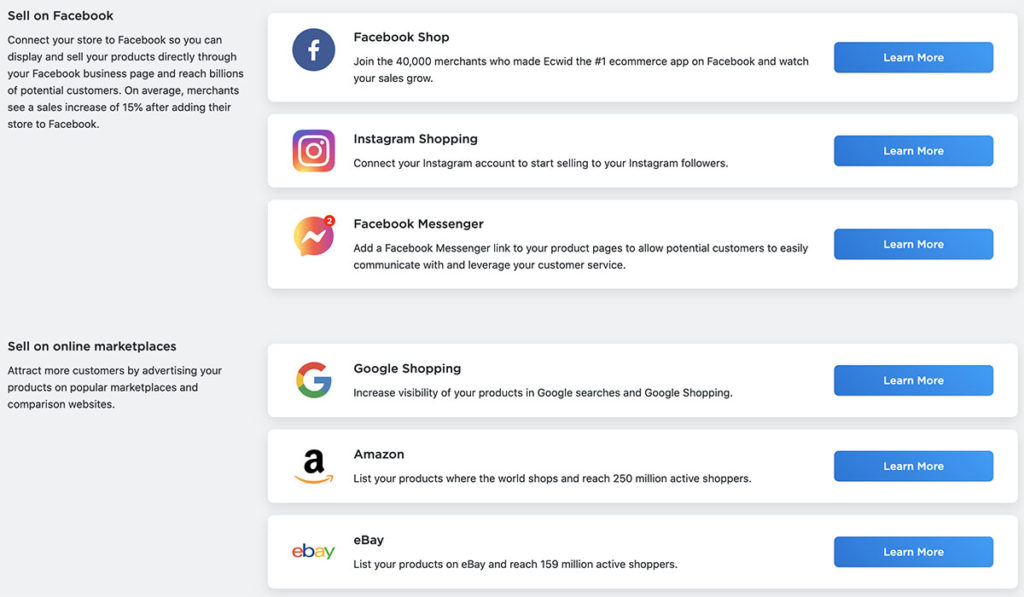 Shopify vs. Ecwid: Ecwid sales channels