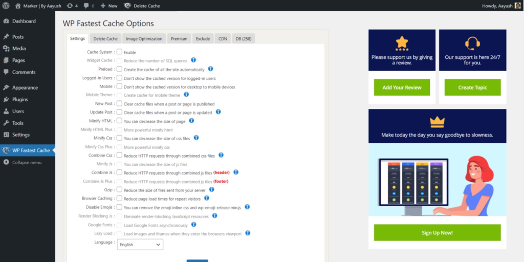 Wordpress vs. ClickFunnels: user interface of a caching plugin within WordPress