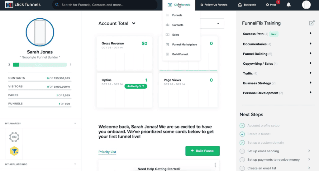 Wordpress vs. ClickFunnels: ClickFunnels dashboard