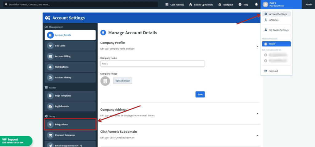 Wordpress vs. ClickFunnels: integration settings within ClickFunnels