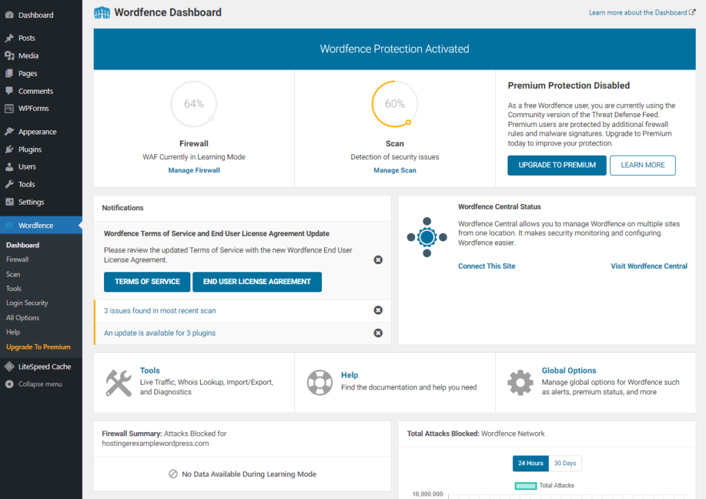 Wordpress vs. ClickFunnels: settings interface of a WordPress security plugin