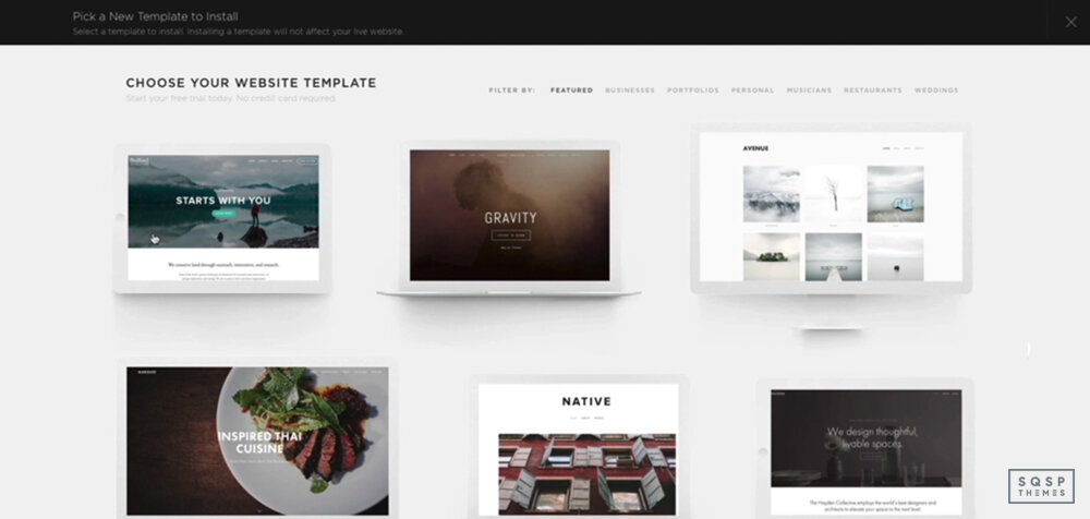 Squarespace vs. Square: Squarespace template selection