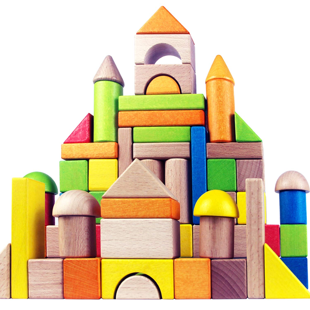 Wooden Building Blocks: colorful wooden building blocks spread out