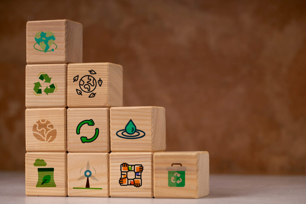 Wooden Building Blocks: eco-friendly stamps or certifications that are often found on sustainable wooden building blocks packaging.