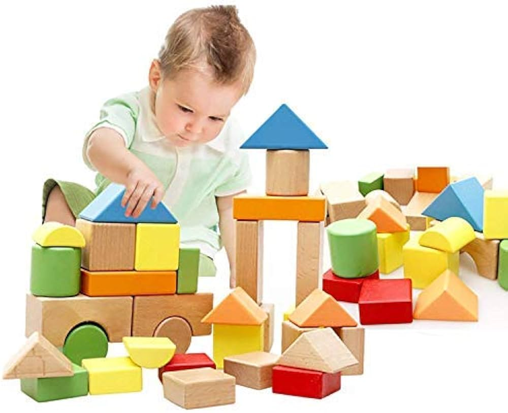 Wooden Building Blocks: child safely playing with large wooden building blocks