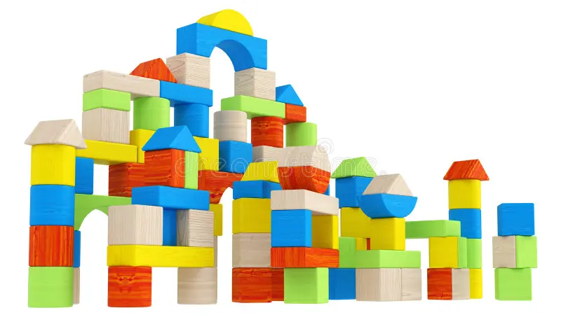 Wooden Building Blocks: diverse array of structures made with wooden building blocks