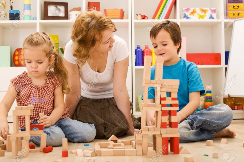 Wooden Building Blocks: family enjoying various activities with wooden building blocks