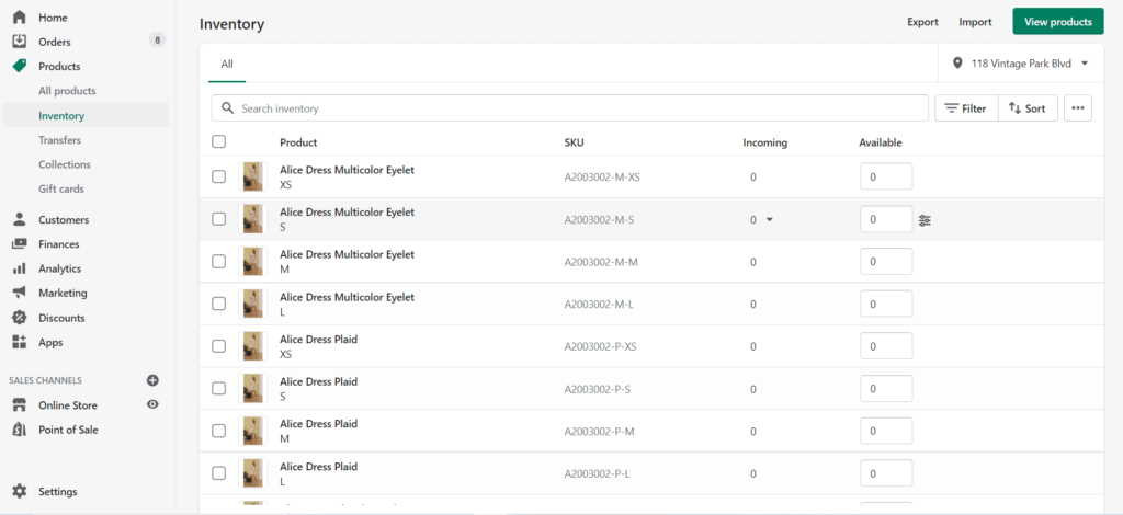 Shopify vs. Shopify Plus:   inventory management interface