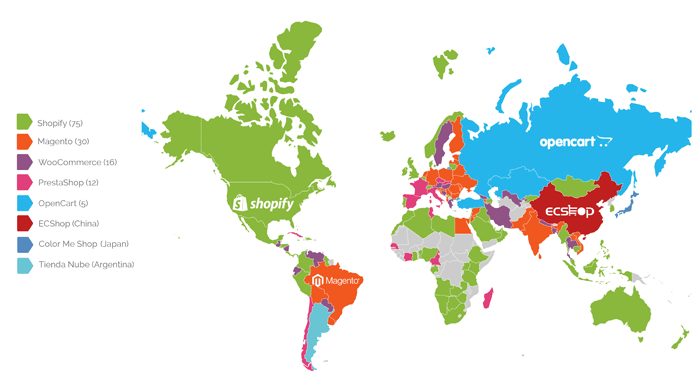 Shopify vs. Shopify Plus:   world map highlighting the global reach